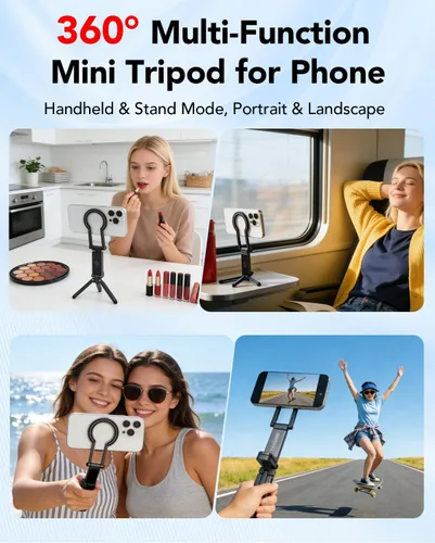 Vista 3 de Trípode magnético para iPhone – Mini soporte plegable para teléfono, agarre portátil con mango para selfie stick con 360°, artículos esenciales