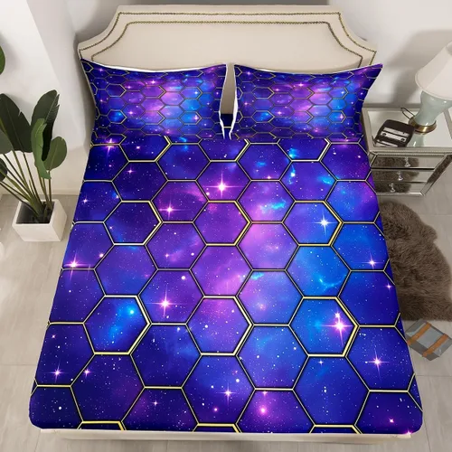 Vista 28 de Manfei Juego de sábanas bajeras de panal de galaxia, tamaño individual, 2 piezas, estampado geométrico hexagonal, funda de cama de cielo estrellado