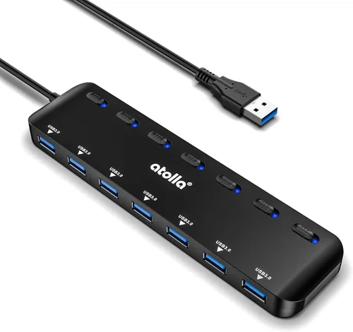 Vista 10 de Concentrador USB, divisor de concentrador USB 3.0 de 4 puertos con cable extendido de 2 pies, extensor USB de datos ultra delgado con interruptores