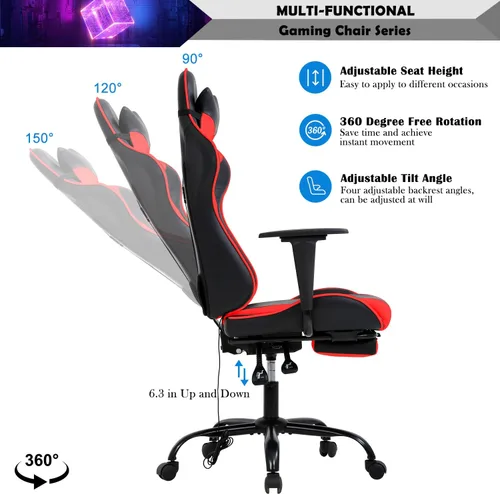 Vista 12 de Silla para juegos, silla giratoria de altura ajustable con reposacabezas y soporte lumbar de masaje, silla ergonómica de policarbonato