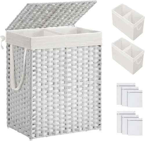 Vista 16 de SONGMICS Cesta de ropa sucia con tapa, cesta de ropa de 110L con 2 bolsas de forro extraíbles, 6 bolsas de malla, canasta de mimbre para ropa sucia