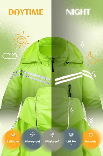 Vista 2 de CREATMO US Chaqueta de ciclismo reflectante para niños y niñas, rompevientos con capucha extraíble