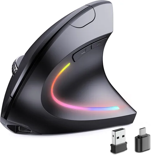 Vista 8 de JYKEYMOUT Ratón inalámbrico recargable Bluetooth y 2.4G (2-en-1), diseño vertical ergonómico, 1000/1200/1600 DPI, 6 botones silenciosos