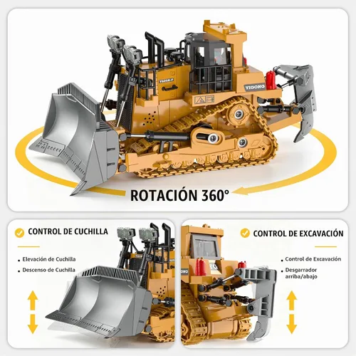 Vista 2 de KidsFaves Bulldozer RC con cuchilla de aleación, juguete de construcción de Amarillo