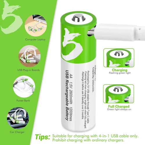 Vista 2 de Paquete de 8 baterías recargables AA de litio de 1.5 V con cable de carga USB C 4 en 1, batería doble de tamaño A de 2600 mWh para cámara Blink