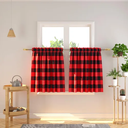 Vista 49 de Cenefas de cortina para ventana de 16 pulgadas de largo, 2 paneles de cuadros búfalo, cortinas pequeñas con bolsillo para barra, estilo clásico