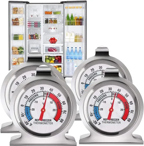 Termómetro de acero inoxidable para nevera, paquete de 4, termómetros de congelador de esfera grande con indicador rojo para el hogar, cocina,