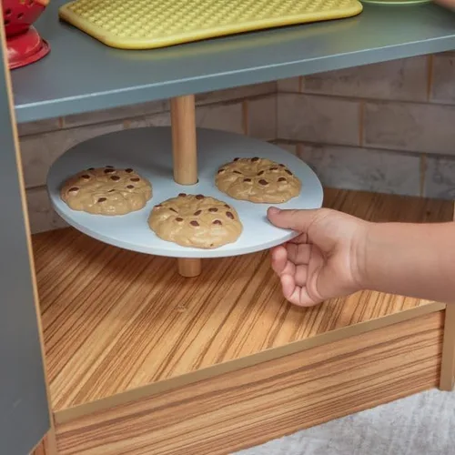 Vista 6 de KidKraft Cocina de juego de madera con luces y sonidos, teléfono y cortinas, natural, regalo para mayores de 3 años