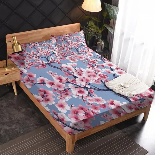 Vista 2 de Juego de sábanas de tamaño individual con estampado de flor de cerezo, sábanas japonesas de microfibra suave, bolsillo profundo, sábanas y fundas