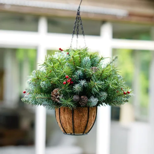 Vista 6 de ANOTHERME Canasta Colgante de Navidad Artificial Pre-Iluminada de 18 pulgadas, Pre-iluminada con 30 Luces LED Operadas por Batería, Decoración