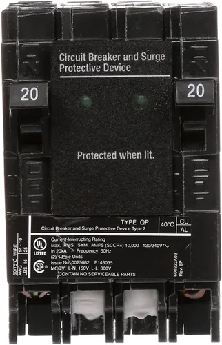 Vista 2 de Siemens QSA2020SPD Protección contra sobretensiones para toda la casa con dos disyuntores de 20 amperios para uso solo en paneles Siemens