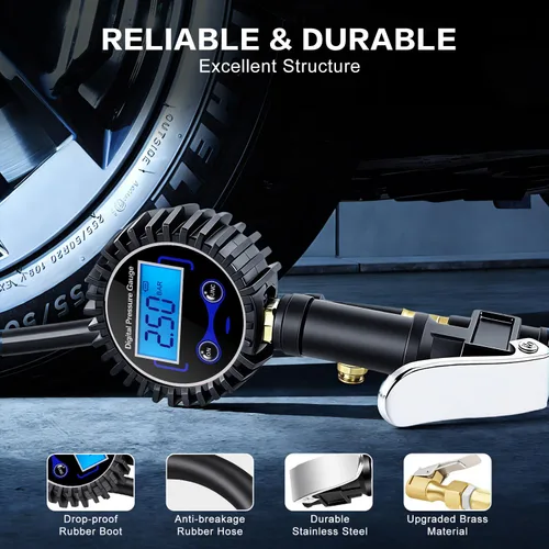 Vista 4 de Medidor digital de presión de neumáticos con inflador, portabrocas de aire resistente de 250 PSI y accesorios de compresor con acoplador de conexión