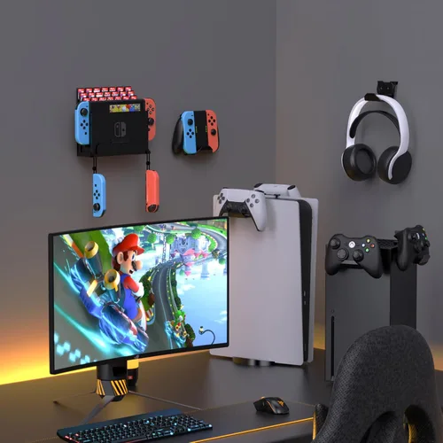 Vista 5 de KUNSLUCK Soporte de pared para Nintendo SwitchSwitch OLED con 2 controladores de montaje de pared y 28 tarjeteros de juego, almacena de forma segura