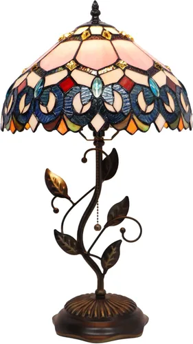 Vista 7 de Tiffany Table Lamp, Pink Stained Glass Desk Light, W12H19 Inch, Metal Leaf Base (Pink Baroque Style)