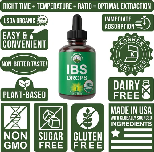 Vista 8 de USDA Organic IBS Relief - Gotas líquidas 5 en 1 para ingestión, hinchazón, gas, suplemento intestinal irritable con 5 ingredientes, aceite de menta