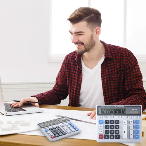 Vista 2 de M&G Calculadora de escritorio con pantalla LCD extragrande de 12 dígitos, energía solar dual y batería, calculadora mecánica con botones grandes