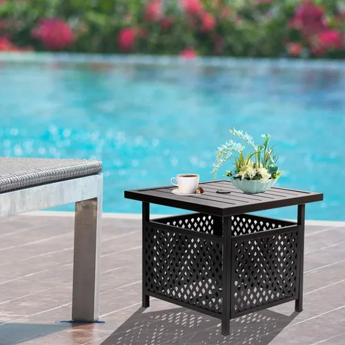 Vista 2 de SOLAURA Mesa auxiliar de patio con agujero para sombrilla de 1.57 pulgadas, mesa cuadrada para patio al aire libre con base de sombrilla de hierro