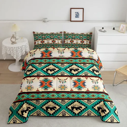 Vista 16 de Erosebridal - Juego de ropa de cama geométrica bohemia, juego de edredón occidental, edredón étnico tribal con flecha azteca, inserto de edredón