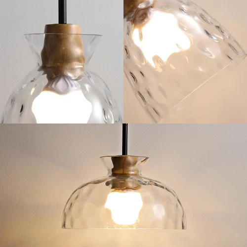 Vista 3 de Modern Kitchen Island Pendant Lights, Handblown Clear Glass Shade Hanging Pendant Lamp with Wood Finish, 59in Adjustable Cord Chandelier for Bedroom