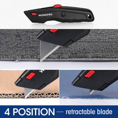 Vista 11 de WORKPRO Cuchillo Utilitario Premium, Cortador de Caja Retractable Todo Metálico de Alta Resistencia, Cuchillo de Afeitar con Cambio Rápido