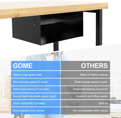 Vista 7 de GOME Under Desk Storage Metal Shelf Double Layer Design with Adjustable Tray Organizer Drawer with Big Hole in The Back for Stand Up Desks Office