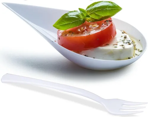 DLux 100 mini platos de aperitivo de 4 pulgadas con tenedores, cucharas de plástico blanco reutilizables, platos para servir postres y aperitivos,