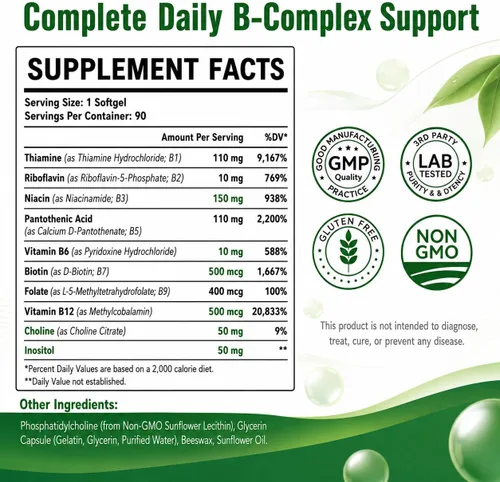 Vista 9 de Complejo B liposomal para B12 metilado de alta absorción, L-metifolato (5-MTHF), vitaminas B activas completas con inositol de colina, vegano, sin