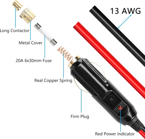 Vista 3 de CERRXIAN Cable de enchufe macho para encendedor de cigarrillos, repuesto de 12 V, con fusible de 20 A, cable de cola estañado de 13 AWG, 6.6 ft/6.5