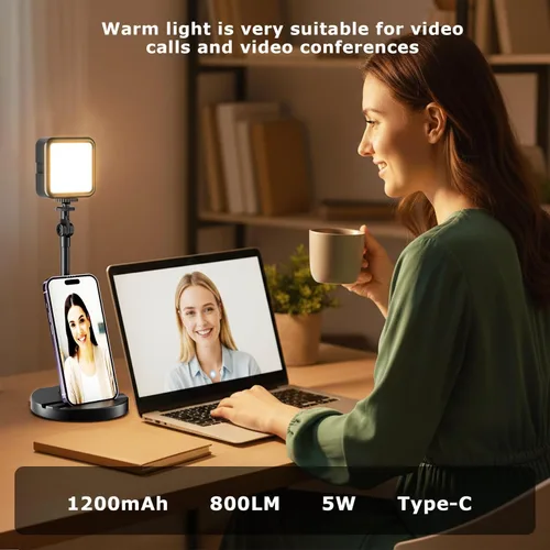Vista 2 de 2-Pack Rechargeable LED Desk Lights with Tripod, Portable Podcast Lighting with Phone Stand for Content Creators, Compatible with Phone & Camera for