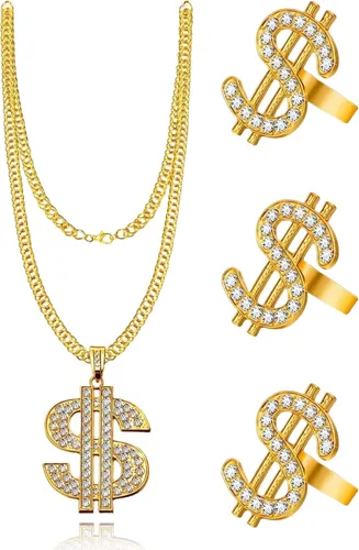 90s Necklace Rings Set 80s Outfit for Women Hip Hop Party Gold 80s 90s Rapper Accessories Dollar Sign Necklace Rings Set