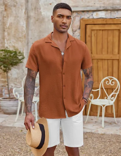 Vista 3 de COOFANDY Camisa casual con botones para hombre, manga corta, texturizada, para verano, para playa cubana