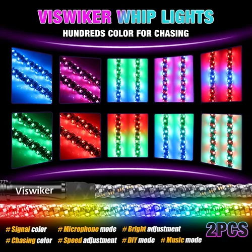 Vista 5 de 2PCS Luces LED Whip de 2FT para UTV/ATV, APP y Control Remoto, Modos de Color Secuencial, Luz Todoterreno Impermeable para Can-Am, Polaris RZR, Dune