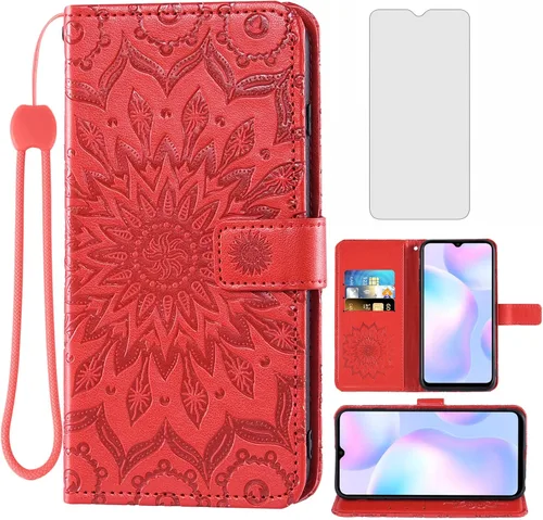 Vista 8 de Funda de teléfono para Xiaomi Redmi 9A Redme 9i Wallet Carcasas con protector de pantalla de vidrio templado y cubierta delgada de cuero con tapa
