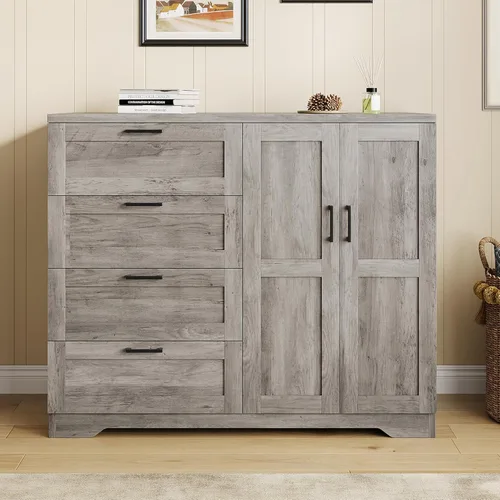 Vista 10 de GarveeHome Cómoda de madera multifuncional para dormitorio, 43.3 pulgadas de alto, armario ropero de 2 puertas con 4 cajones y barra para colgar