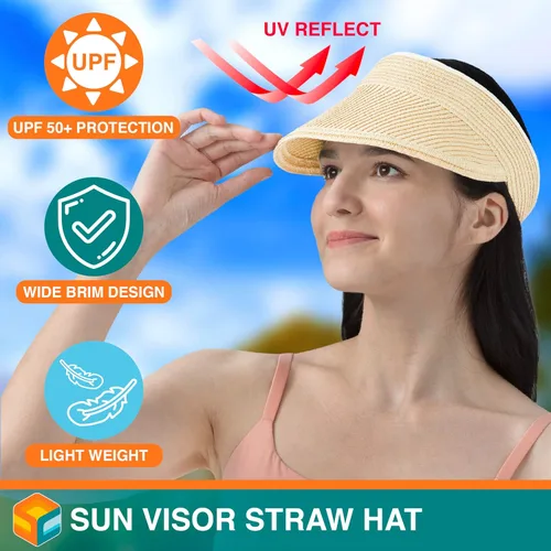 Vista 2 de SUN CUBE Sombrero de visera para mujer, sombrero de playa de ala ancha, paja con protección UV, gorra plegable plegable, visera de verano para cola