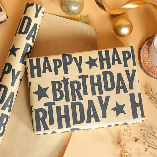 Vista 3 de RUSPEPA Rollo de papel de regalo de cumpleaños, mini rollo, texto de feliz cumpleaños negro en negrita con diseño de estrellas, papel de regalo