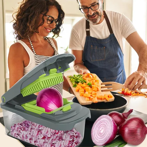 Vista 9 de Picadora de verduras Ourokhome con recipiente, picadora manual de verduras con 2 cuchillas de corte para tiras de papa, cubos de cebolla, palitos