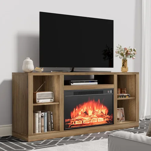 YESHOMY Electric Fireplace TV Stand for Televisions up to 65+ Inch, Media Entertainment Center Console Table with Four Open Storage Shelves &