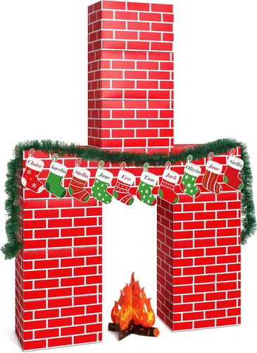 Fullhawl 34 Piezas Chimenea de Cartón 3D de Navidad 39 x 59 Pulgadas Chimenea Artificial DIY de Navidad con Calcetín Accesorio de Llama de Fuego 3D