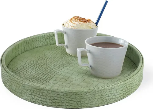 Vista 28 de HofferRuffer Bandeja Redonda de Servir de Cuero Sintético, Bandeja Decorativa de Alimentos de Cuero Croco Vegano para Almacenar Bebidas, Aperitivos