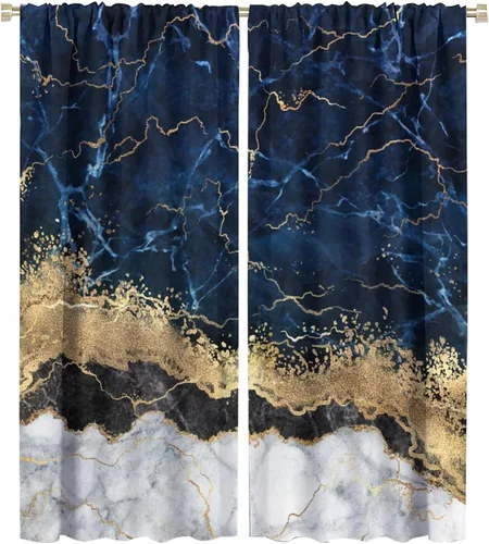 Vista 54 de Cortinas abstractas de mármol de lujo de lujo azul marino dorado a rayas con patrón de mármol estampado para dormitorio, sala de estar, cortinas