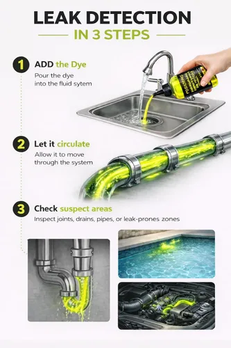 Vista 4 de Detector Universal de Fugas – Tinta Rastreadora para Piscina, Spa, Fontanería, Techo, Coche – Alta Visibilidad – Detección Rápida - 100% Compatible