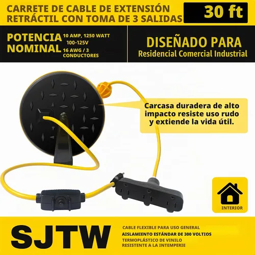 Vista 2 de Carrete de cable de extensión retráctil de 30 pies con 3 tomas de corriente eléctrica - Cable de alimentación SJTW 16/3, disyuntor de 10 amperios