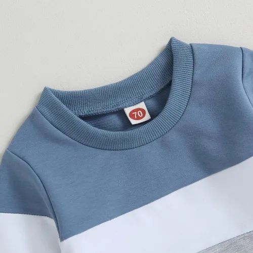 Vista 4 de Ropa para bebé niño pequeño, sudadera con bloques de color, sin botones, pantalones deportivos, 2 piezas, traje de sudadera para otoño e invierno