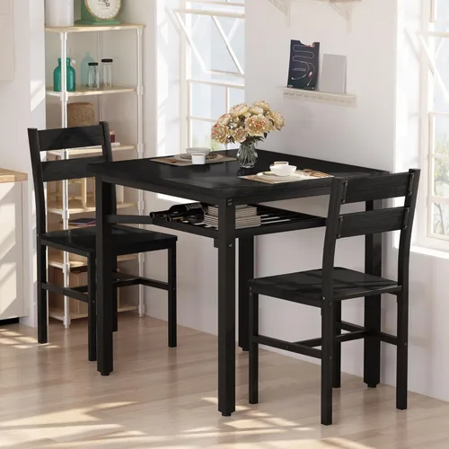 Vista 2 de Hooseng juego de mesa de comedor de 3 piezas para 2, pequeña mesa de cocina de madera con almacenamiento, juego de comedor cuadrado de estilo granja
