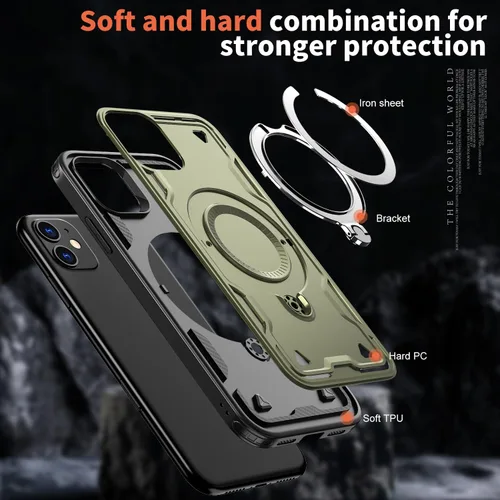 Vista 6 de Funda Magnética para iPhone 11, Funda para iPhone XR Compatible con MagSafe, con 2 Protectores de Pantalla, con Anillo Soporte, Protección Heavy