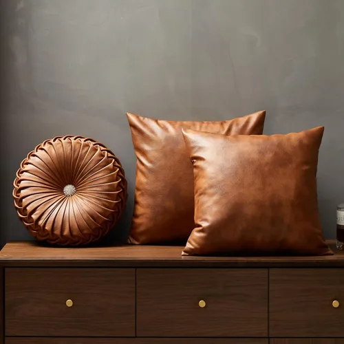 Vista 5 de EUCIOR Almohada redonda de cuero marrón, almohada circular, almohada redonda hecha a mano, almohadas decorativas de piel sintética suave