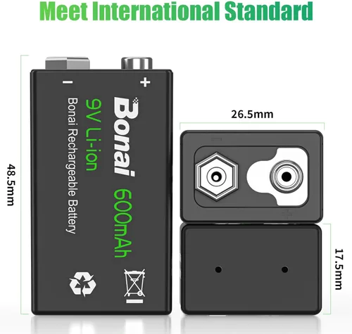 Vista 7 de BONAI Baterías recargables de 9 V de 600 mAh de alta capacidad, (paquete de 4) baterías de litio de 9 voltios para detectores de humo, detector