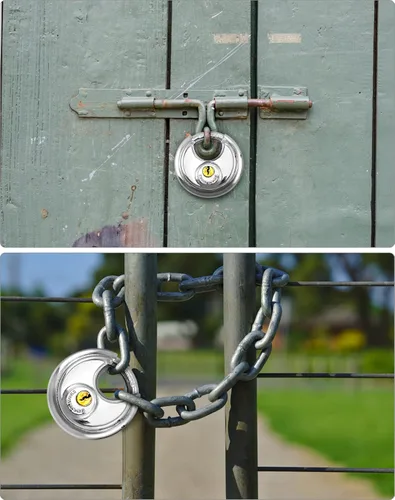 Vista 5 de QWORK Candado de disco con llave similar, paquete de 4 candados de disco de acero inoxidable con grillete de 3/8 pulgadas, 2-3/4 pulgadas de ancho