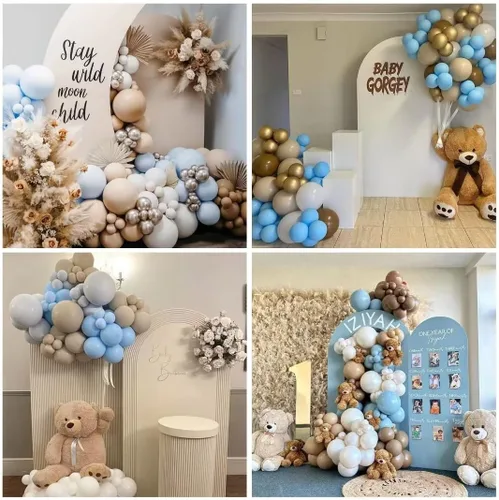 Vista 7 de Globos azules y marrones, 60 piezas, juego de globos de látex color azul macarrón, blanco, arena, nude, marrón claro, para decoración de baby shower